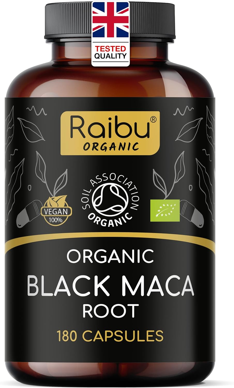 Organic Black Maca Root Capsules - High Strength Peruvian Maca Root (No Extract, Whole Root) - 3200mg Daily Dose, 180 Vegan Capsules - with Vitamin C from Acerola - UK Quality Standards