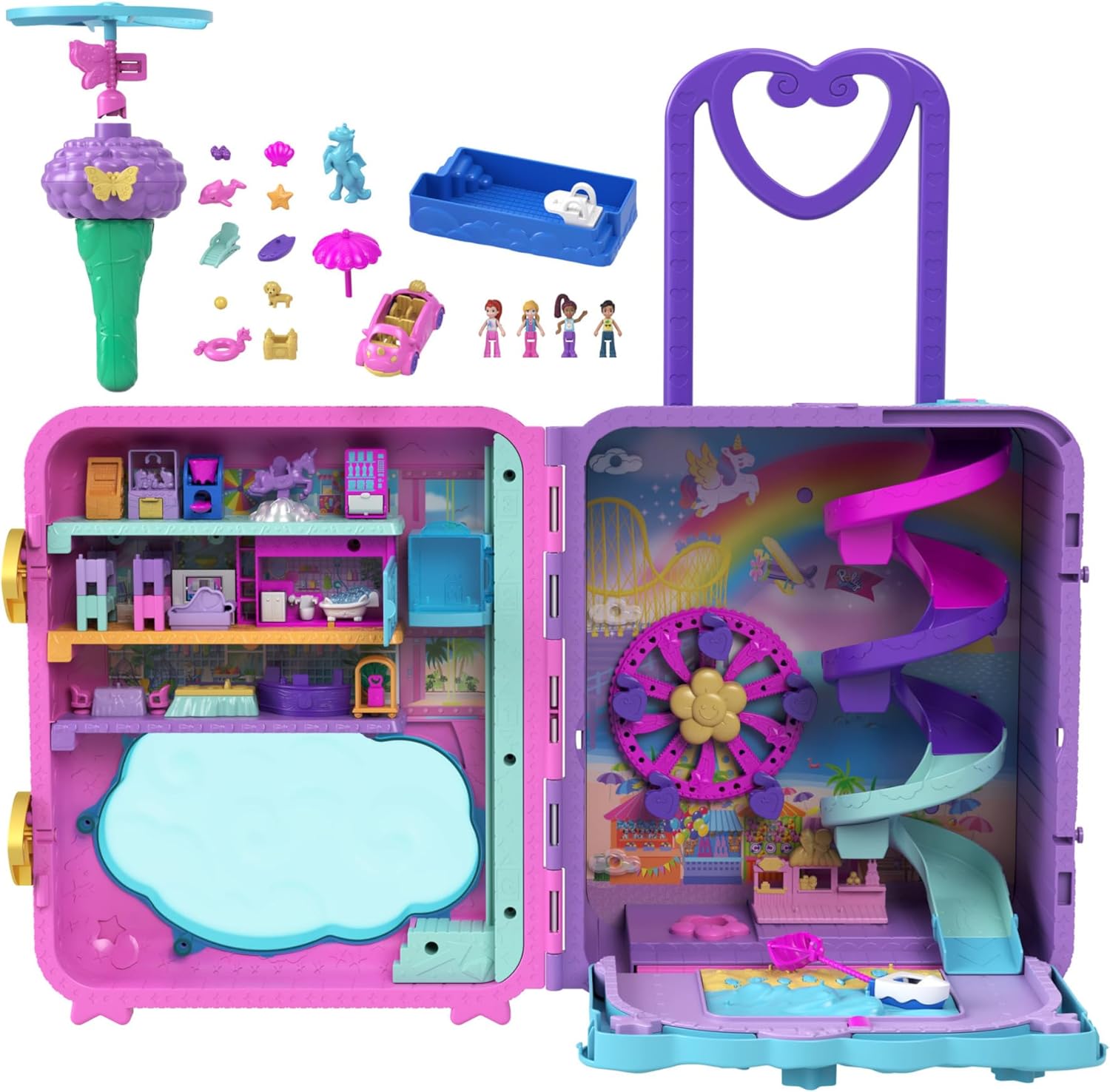 Polly Pocket Pollyville, Resort Roll Away Playset with Rolling Wheels, 5 Play Areas, 4 Dolls, 1 Vehicle, 30 Toy Accessories, Toys for Ages 4 and Up, HKV43