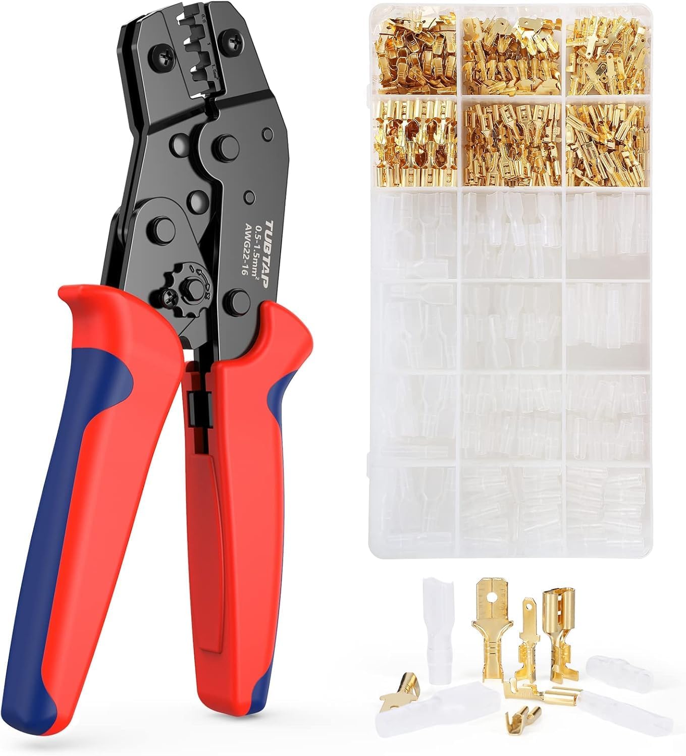 TUBTAP Crimping Tool for Non-Insulated Terminal, AWG 22-16 Ratcheting Wire Crimper with 300PCS Female Spade Connector Terminal Crimper