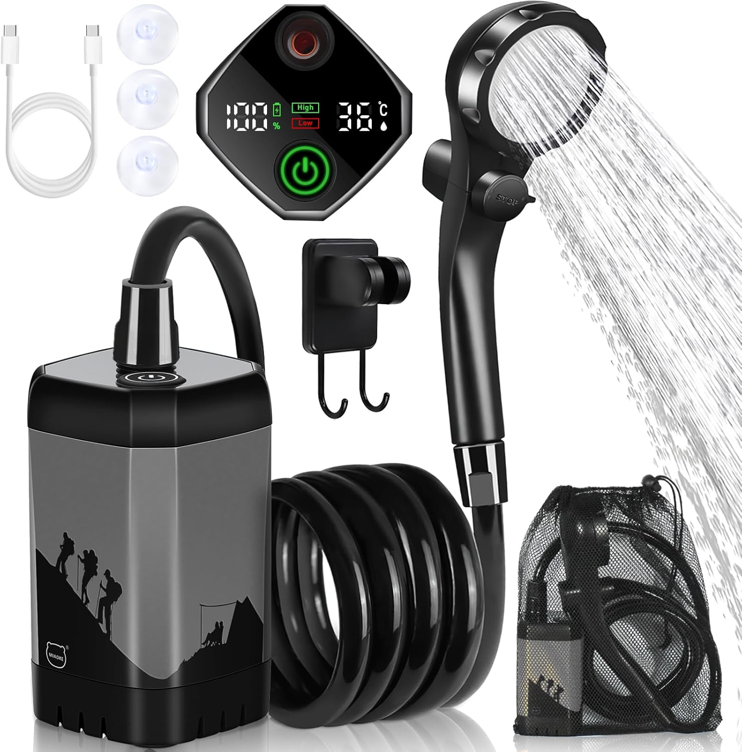 MIAOKE Upgrade Portable Camping Shower, 7800mAh Outdoor Electric Shower Rechargeable Pump with Intelligent Digital Display Temperature Display Shower Head for Camping, Hiking, Traveling
