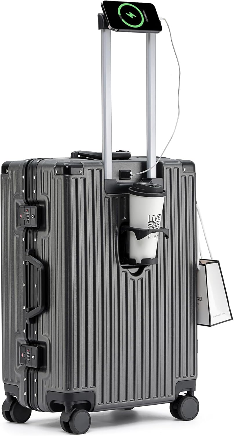 lesulety Hard Shell Suitcase Cabin Size Cheap Cabin Luggage Suitcase Medium 4 Wheels Lightweight with USB Charger Cup Holder zipperless Luggage,Grey,20in