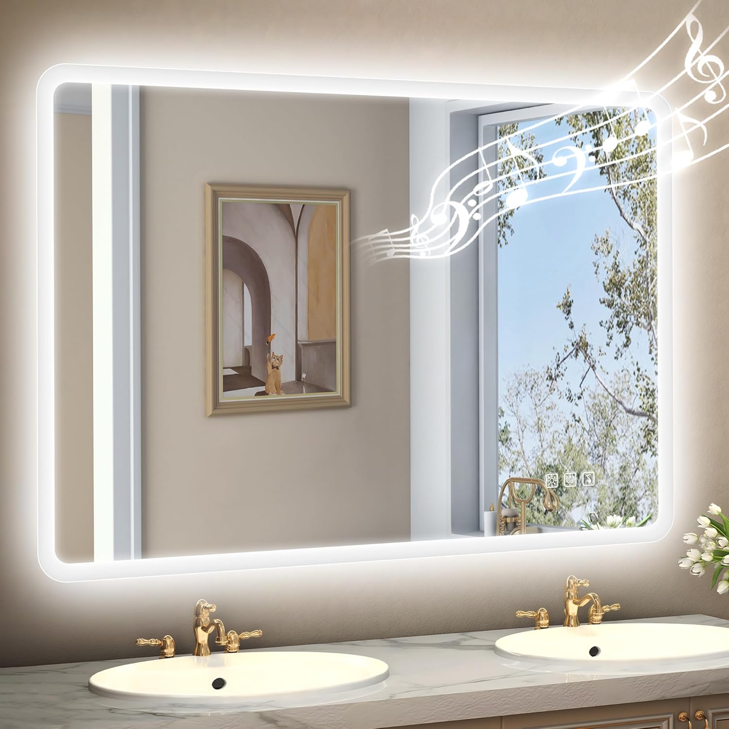 28"x36" LED-Bathroom-Mirror-with-Lights, Wall-Mounted with Bluetooth Speaker, Anti-Fog, 3 Color Temperature, Dimmable Brightness, Waterproof, Tempered Glass, Frontlit & Backlit