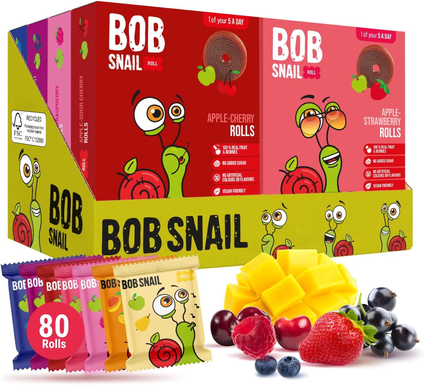 Bob Snail Fruit Roll Ups – Healthy Sweets Snacks, Real Dried Fruits, No Added Sugar, Vegan, Nut Free, Candy for Adults, Kids, with Berry Mix, Mango, Pear, Cherry – Bulk 80 pcs Rolls, 800g