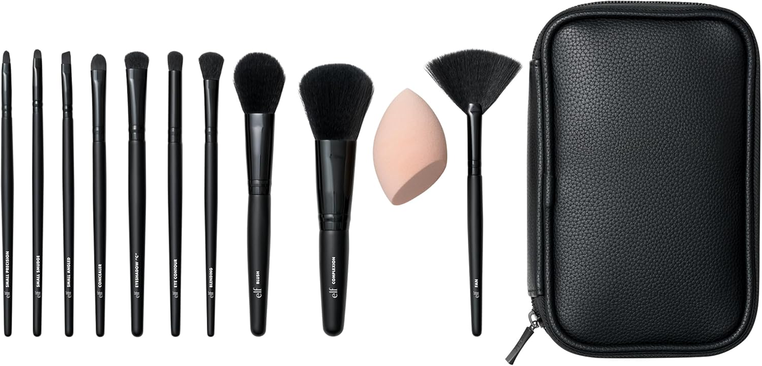 e.l.f. Full Face & Eye Makeup Brush Set, 11 Makeup Brushes For Foundation To Bronzer, Eyeshadow & More, Vegan & Cruelty-Free