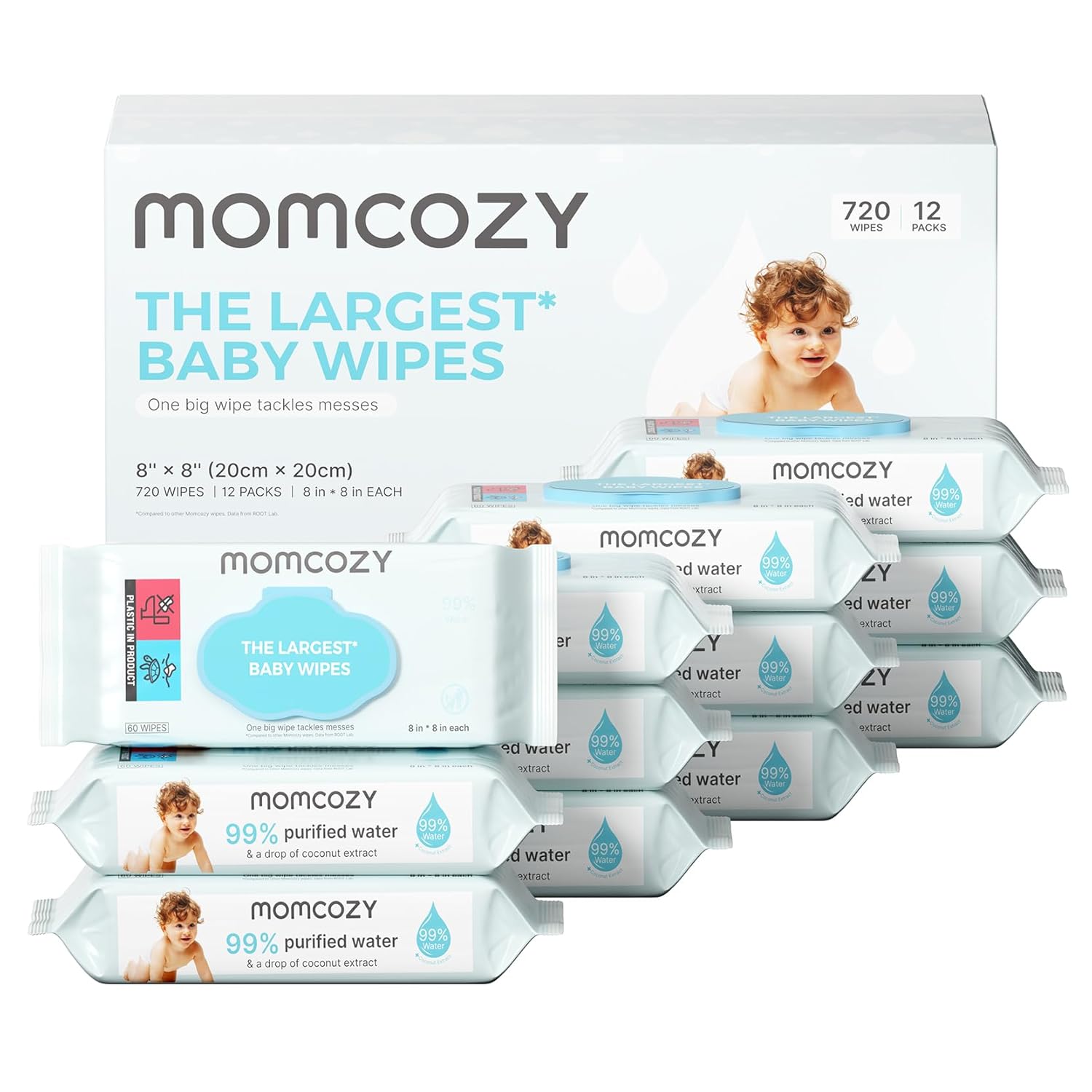 Momcozy Baby Wipes-Extra Large Size Design, 99% Water Based, Unscented & Hypoallergenic, Cleansing & Moisturizing Baby Wipes for Sensitive Skin, 12 Flip-Top Packs (720 Wipes Total)