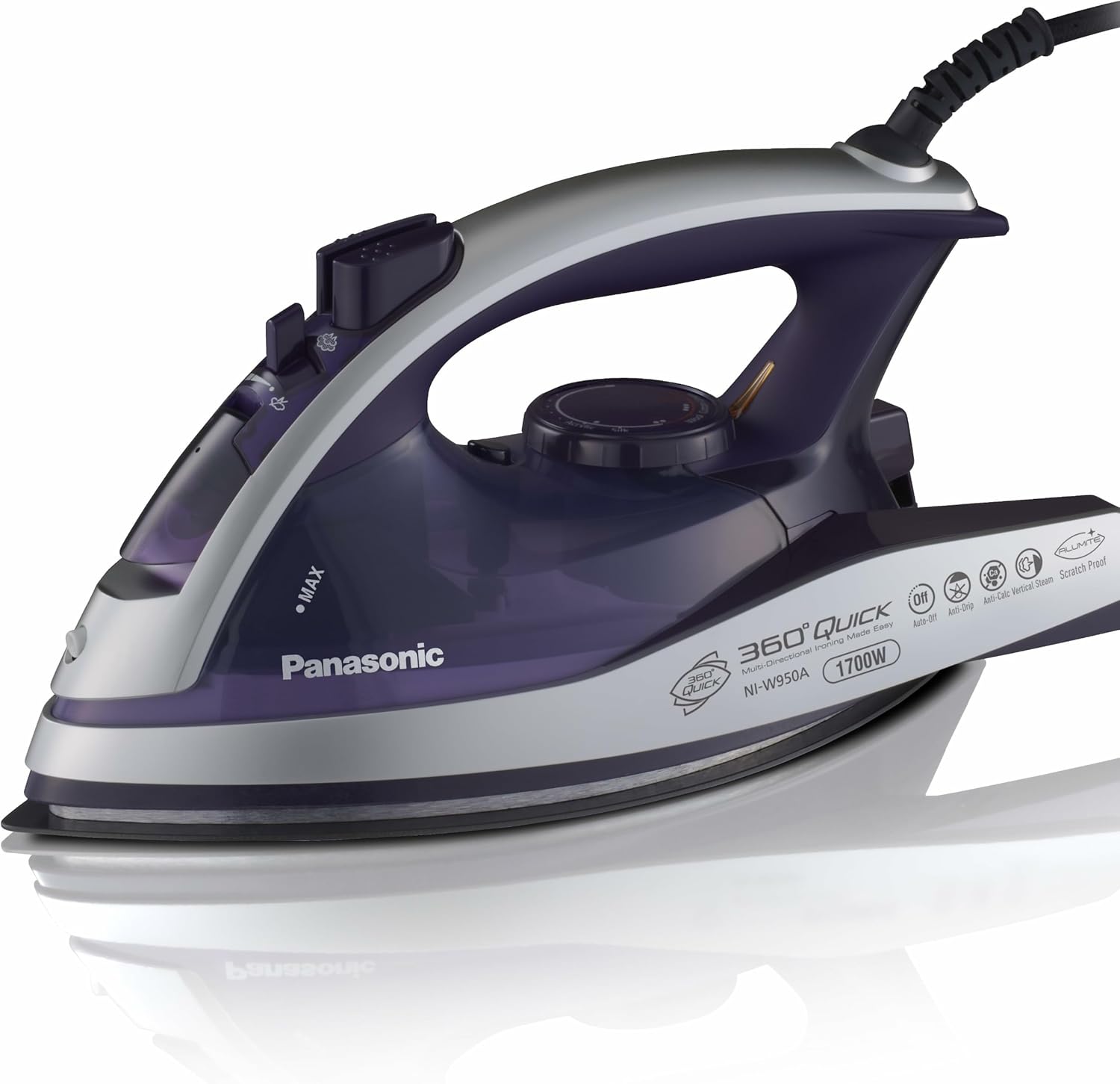 Panasonic Dry and Steam Iron with Alumite Soleplate, Fabric Temperature Dial and Safety Auto Shut Off – 1700 Watt Multi Directional Iron – NI-W950A, Purple