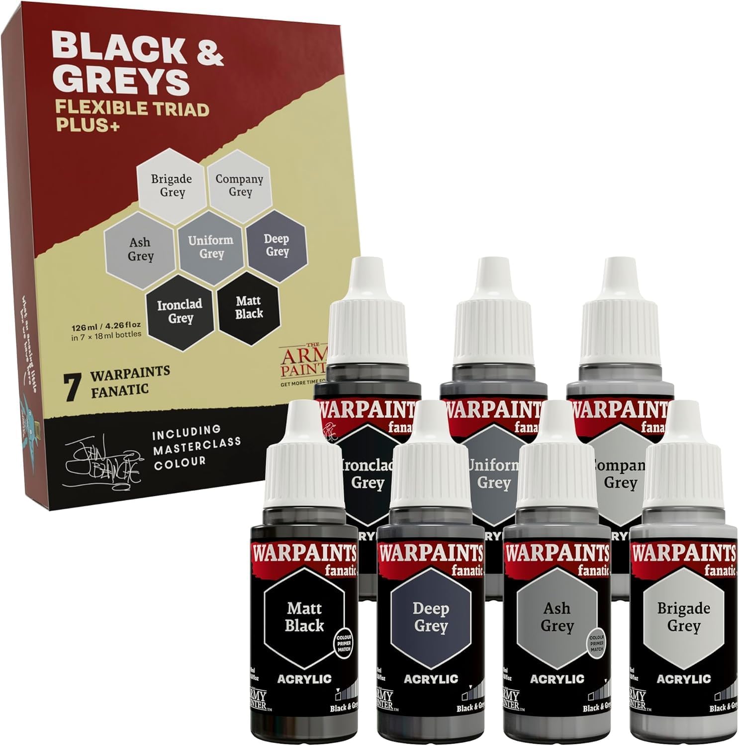 The Army Painter, Warpaints Flexible Triad PLUS+: Black & Greys, 7 x 18 ml acrylic paints - Miniature quality hobby paint for Dungeons and Dragons & Warhammer Miniatures