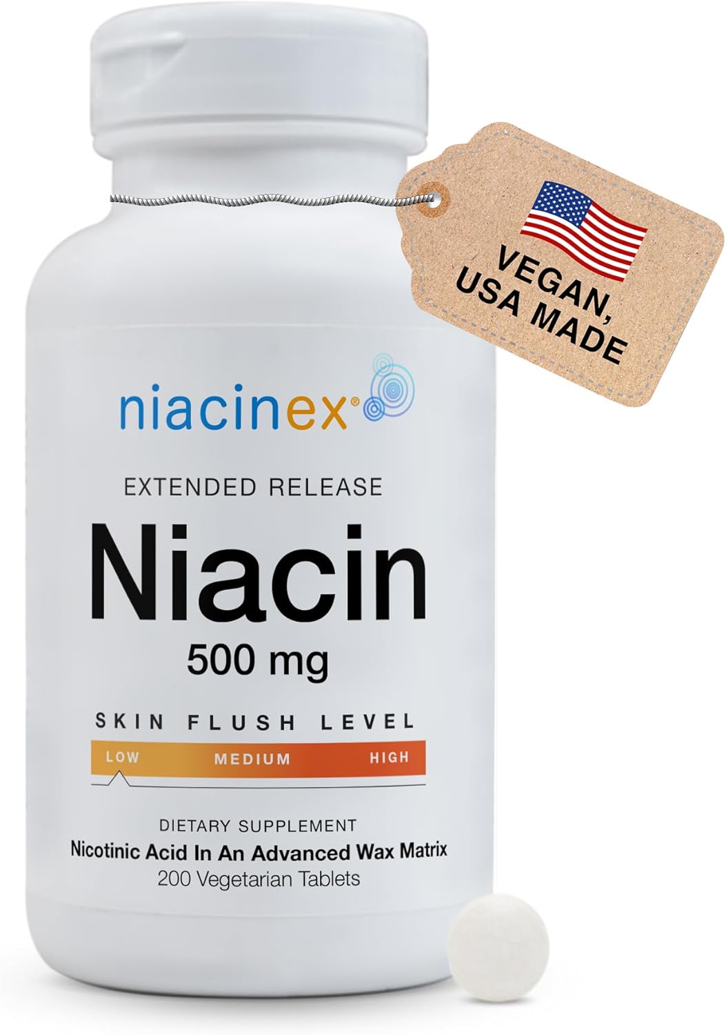 Niacin 500mg Extended Time Release, 200 Tablets, Minimal to No-Flush, Vitamin B3 Supplement - Cholesterol Balance, Nicotinic Acid Vegan, cGMP, made in the USA