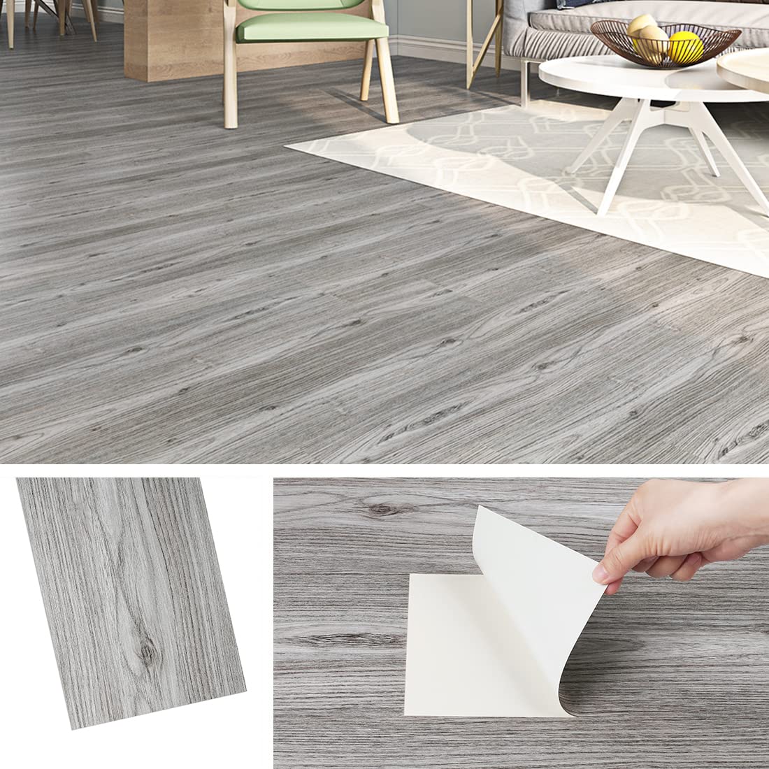 Livelynine Self Adhesive Floor Planks Grey 90x15cm Peel and Stick Floor Tiles Wood Effect Bathroom Flooring Tile Grey Sticky Flooring Tile Kitchen Waterproof Stick on Tiles for Hallway, 4 PCS