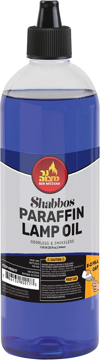 Ner Mitzvah Paraffin Lamp Oil - Blue Smokeless, Odorless, Clean Burning Fuel for Indoor and Outdoor Use with E-Z Fill Cap and Pouring Spout - 32oz