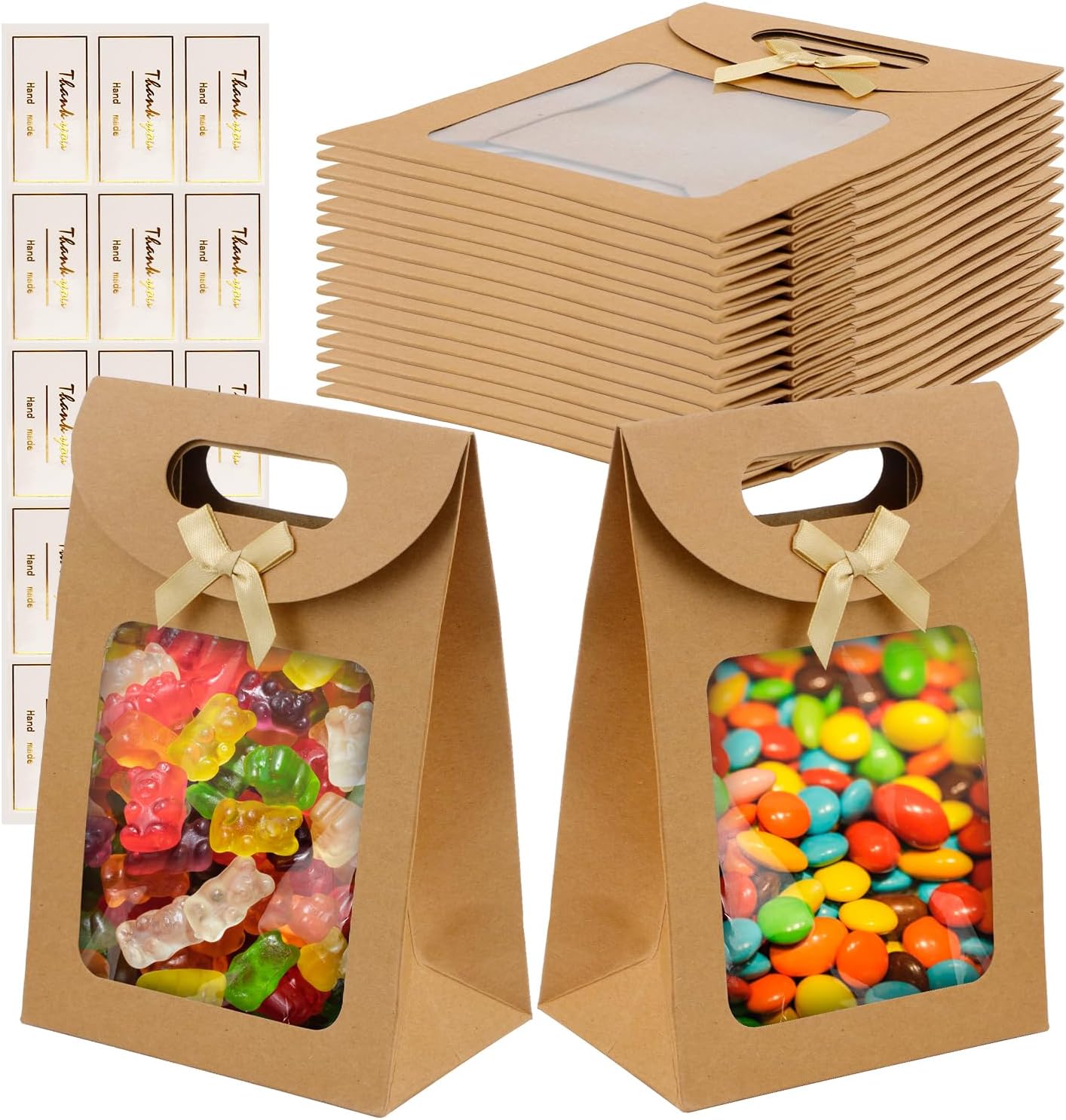 DesertBoy 12 Pcs Kraft Paper Packaging Bags with 1 Sheet Sticker, Gift Bag with Window, Kraft Paper Bags with Window, Stand Up Gift Bag with Handles for Packaging Present and Cookies(14 * 20 * 7 cm)