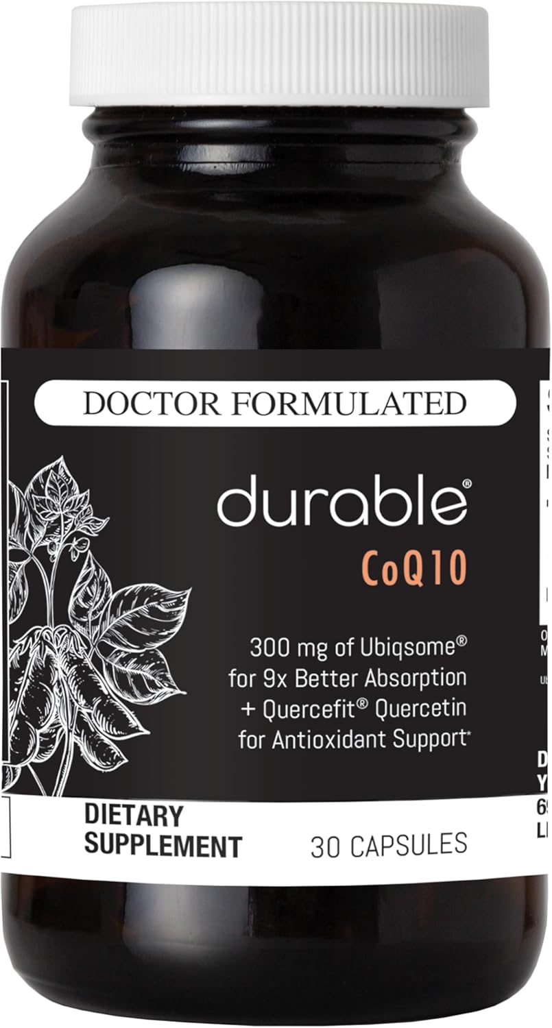 Durable CoQ10 – 300 mg Ubiqsome® CoQ10 Phytosome with 9X Better Absorption, One Per Day Antioxidant for Heart Health, Doctor-Formulated, Made in USA - 30 Day Supply (30 Capsules).