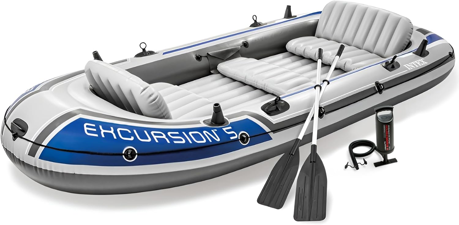 INTEX Excursion 4 Inflatable Boat Set: Includes Deluxe 54in Boat Oars and High-Output Pump Capacity