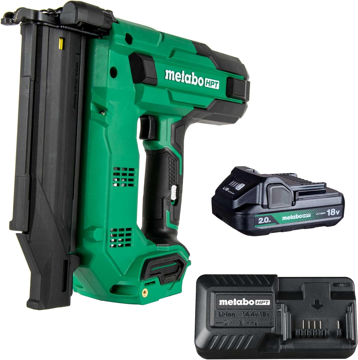Metabo HPT 18V MultiVolt Compact Cordless Brad Nailer Kit, 18 Gauge Nailer with Power Tool 2.0Ah Lithium Ion Battery, Drives 5/8" to 2" Brad Nails, 700 per Charge, NT1850DG