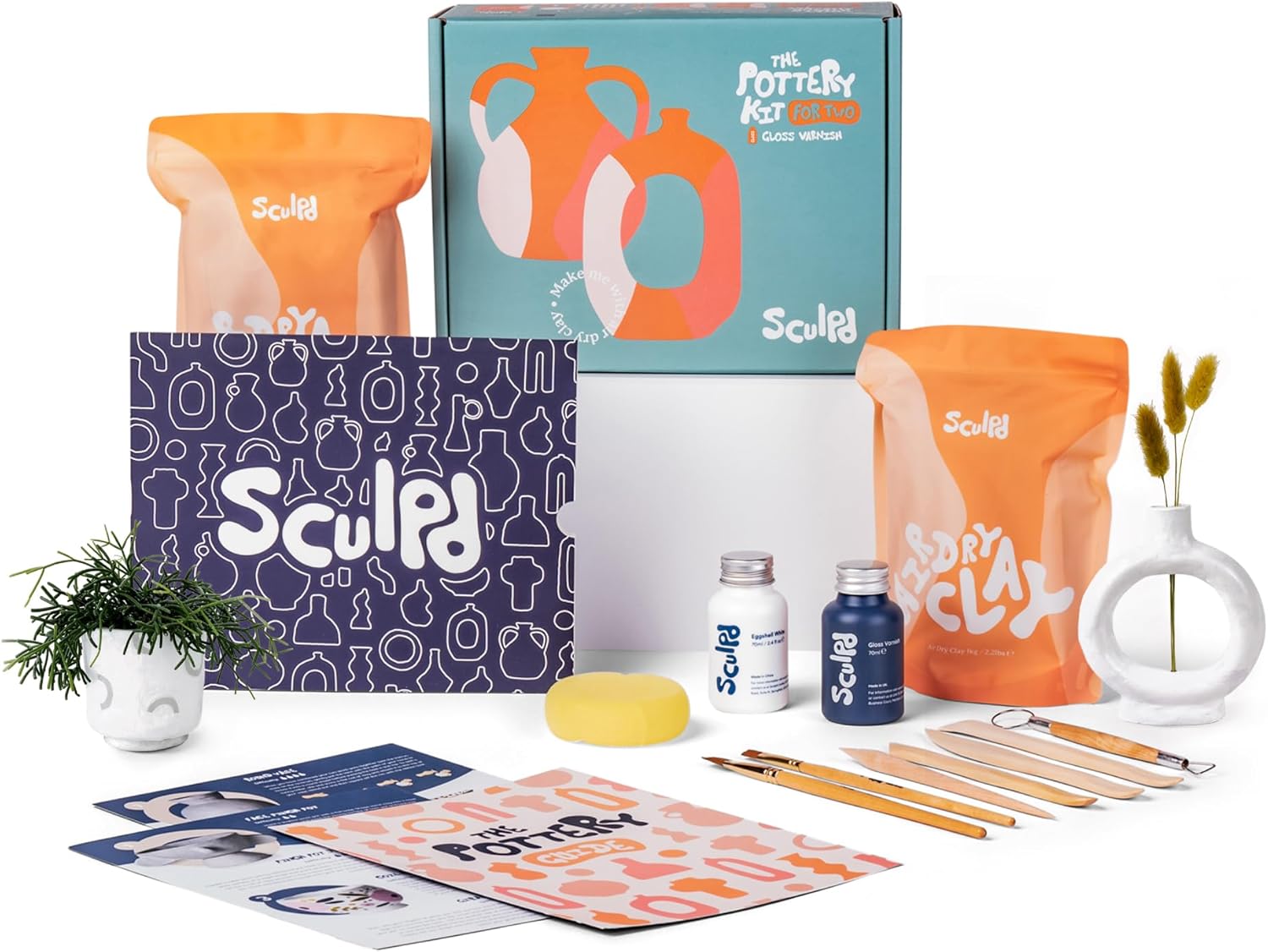 Sculpd Pottery Starter Kit - Complete Air Dry Clay Beginner Set for 2 Adults: Includes Sculpting Tools, Gloss Varnish, Paint Brushes, Guide, Video Tutorials & More - Date Night Gift, Arts Crafts Hobby