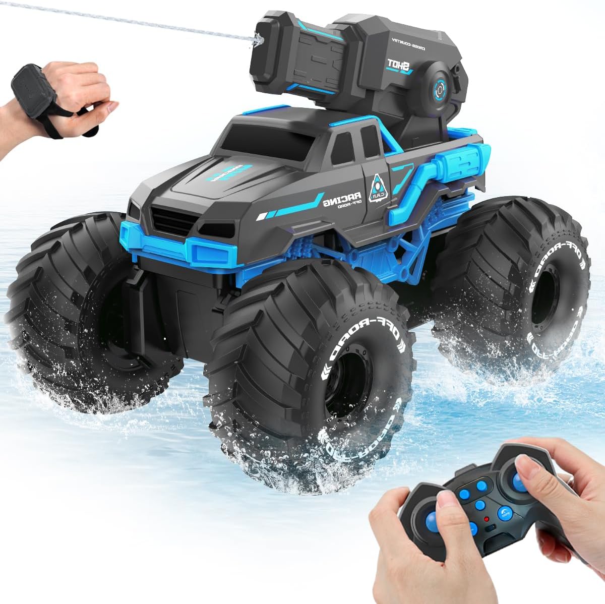 BEZGAR 1:16 Monster Truck Remote Control Car - Amphibious RC Off-Road Pickup Boat with Shooting Splash - 2.4GHz 4WD Waterproof All-terrian Pool Toy Vehicles Summer Gifts for Kids Boys Girls Age 6-12