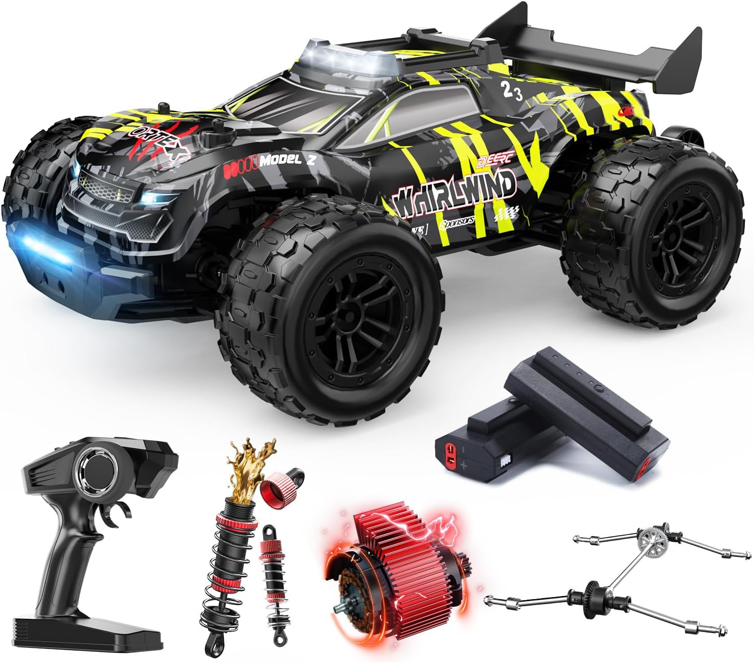 DEERC 1/14 Fast Brushless RC Car for Adults, 43 MPH High Speed 4x4 Off-Road RC Truck, Waterproof Monster Truggy, All Terrain Remote Control Drift Car for Boys 8-12, 2 Batteries, 3S Lipo Compatible