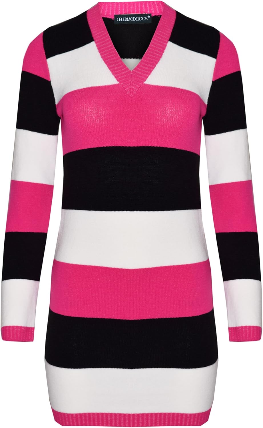 CELEB LOOK Jumpers Dresses for Women UK Knitted Shift Tunic Dress Womens Stripe v Neck Plus Size Long Jumpers top N38 Celebmodelook