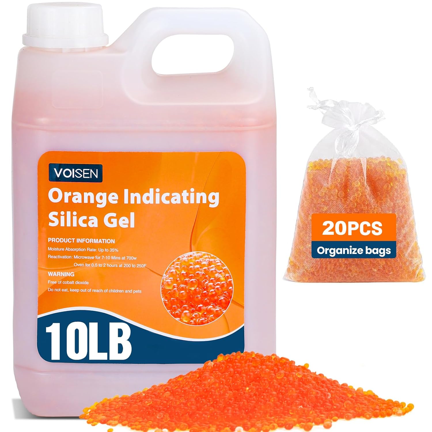 VOISEN 10LBS Orange Indicating Silica Gel Desiccant Beads(Orange to Green)