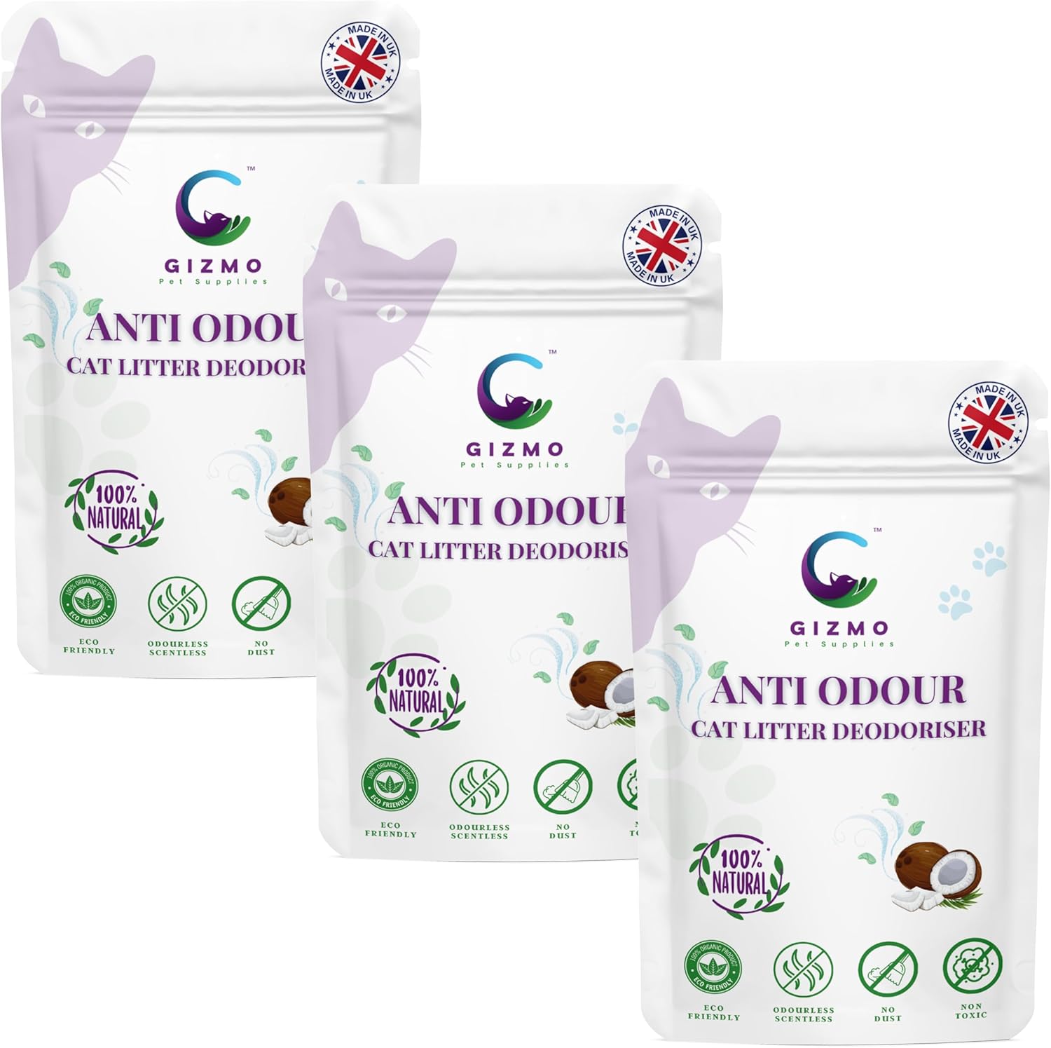Gizmo Pet Supplies Cat Litter Freshener – Organic and All-Natural Cat Litter Odour Eliminator– Planet-Friendly Pet Litter Deodorizer – Non-Scented Odour Neutralizer – Pack of 3-3x250gr