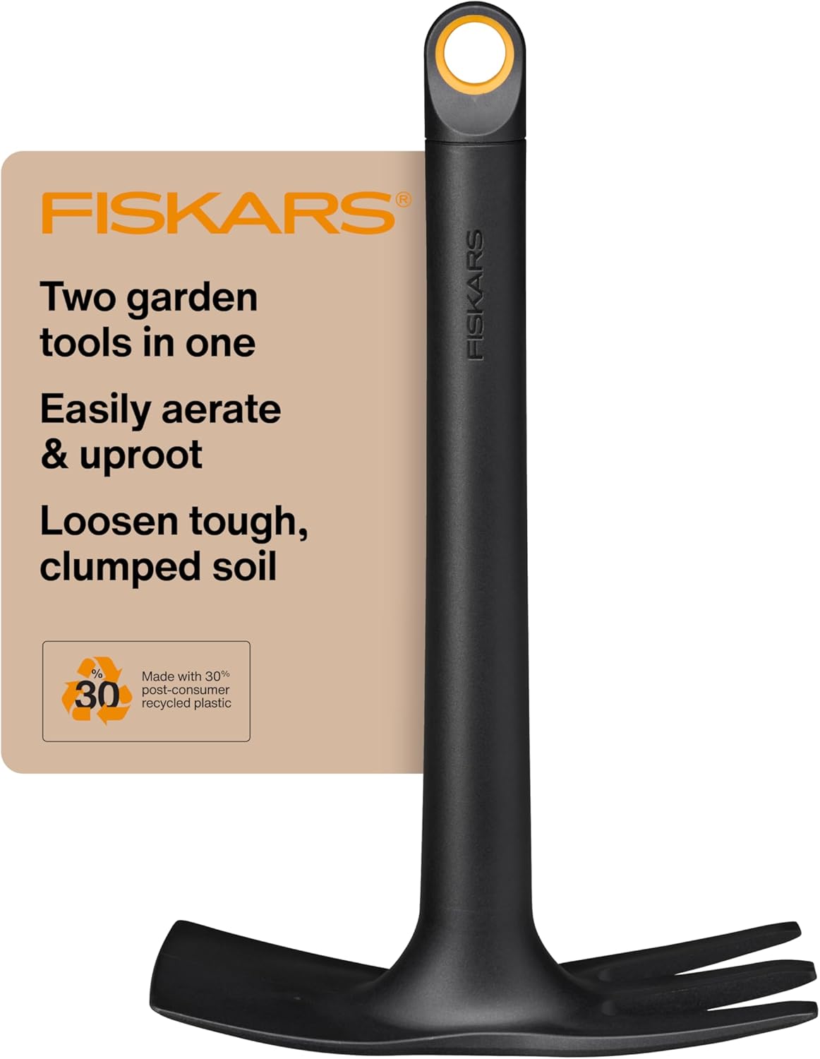 Fiskars Eco Cultivator Hoe with Dual-Function Design, Tapered Blade, Cultivator Tines, Ergonomic Handle, and UV-Resistant Build for Soil Care