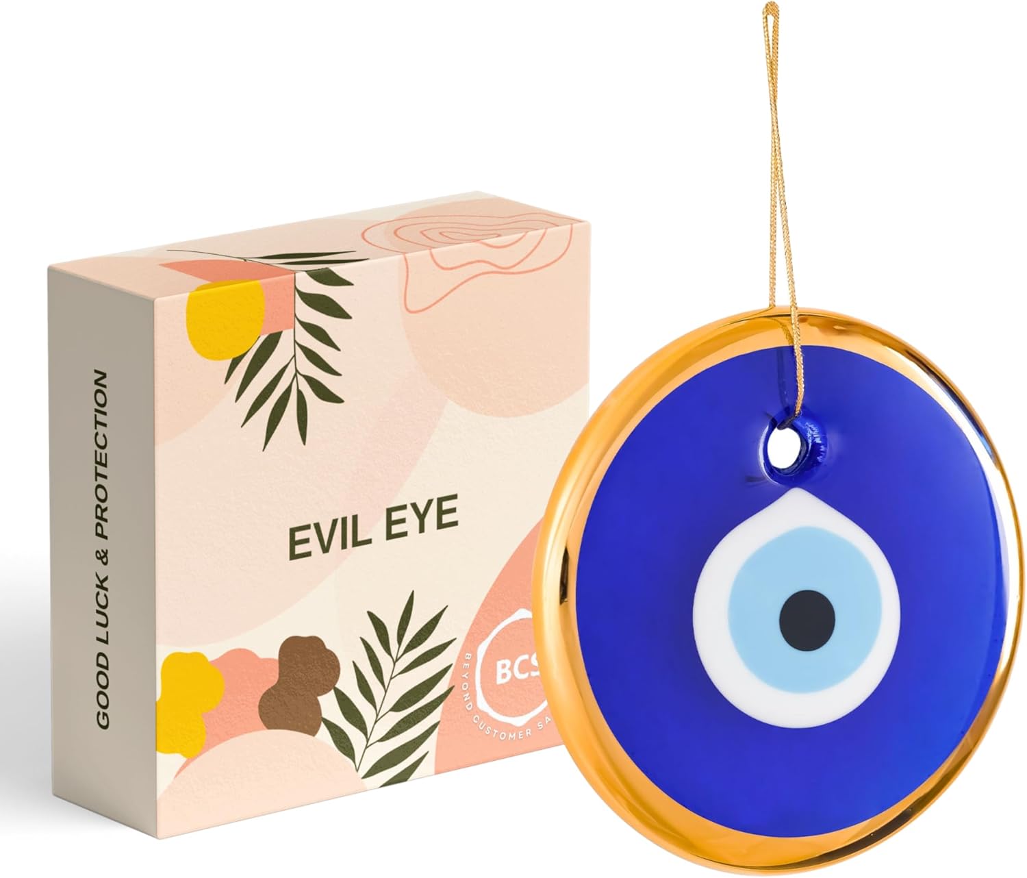 BCS Blue-Gold Evil Eye Decor 4.3" Wall Hanging Ornament Glass Handmade Turkish Greek Nazar Amulet Good Luck and Protection Charm for Home, Office, Garden, Door Ojo Turco (in Box)