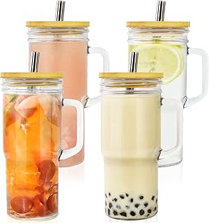 4Pcs Glass Cups with Lids and Straws, 24oz Mason Jar Iced Coffee Cup Drinking Jars Glasses Tumbler with Handle Bamboo Lids Wide Mouth Travel Mug for Bubble Tea, Iced Coffee, Smoothie, Beer