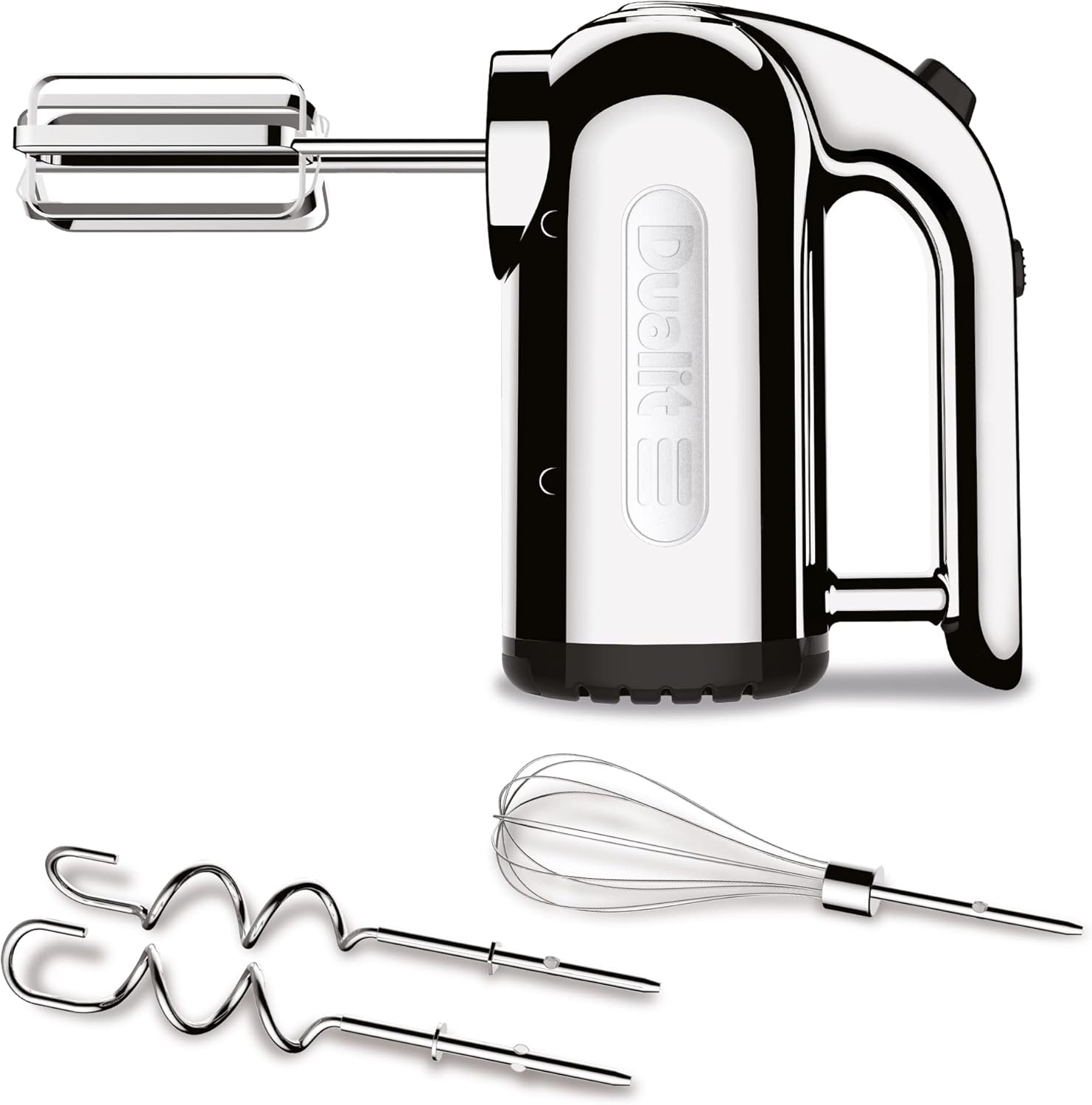 Dualit Hand Mixer Chrome - 400W - Strong Grip Handle - Attachments Included - Integral Plug Storage - 4 Speed Settings - Repairable gears - Flat Beaters, Dough Hooks, Balloon Whisk