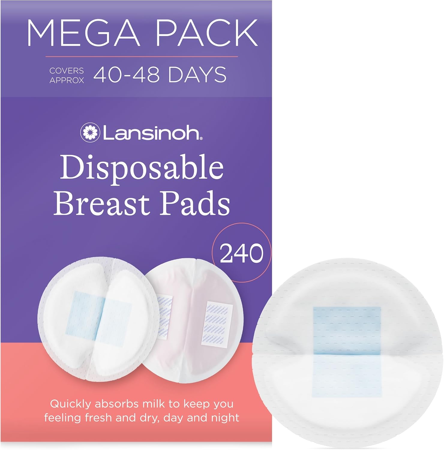 Lansinoh Disposable Breast Pads Pack of 240 for nursing breastfeeding mothers, essential for hospital bag, thin super absorbent layers, discreet fit