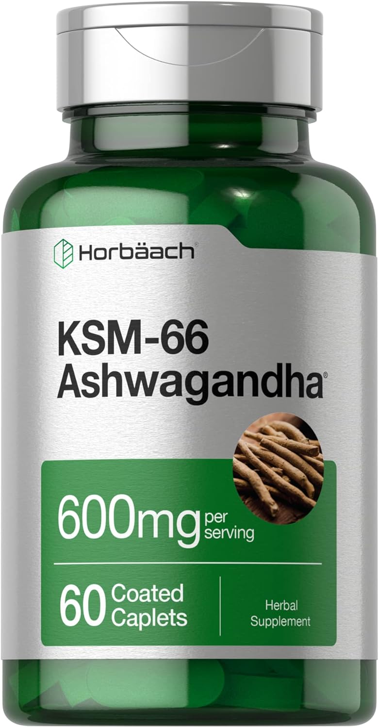 Horbäach KSM-66 Ashwagandha 600mg | with L-Theanine | 60 Coated Caplets | Vegan, Non-GMO, Gluten Free Complex Supplement