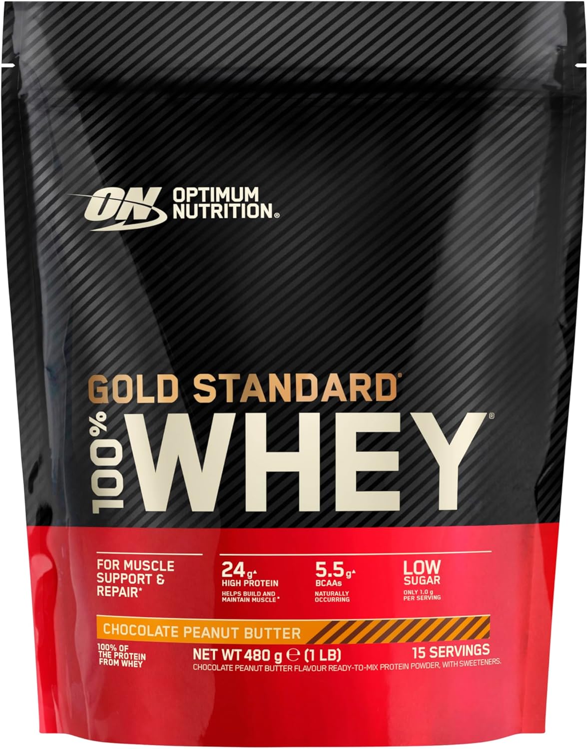 ON Gold Standard 100% Whey for Muscle Support and Repair, Low Sugar High Protein Powder with Naturally Occurring Glutamine and BCAA Amino Acids, Chocolate Peanut Butter Flavour, 15 Servings, 480g