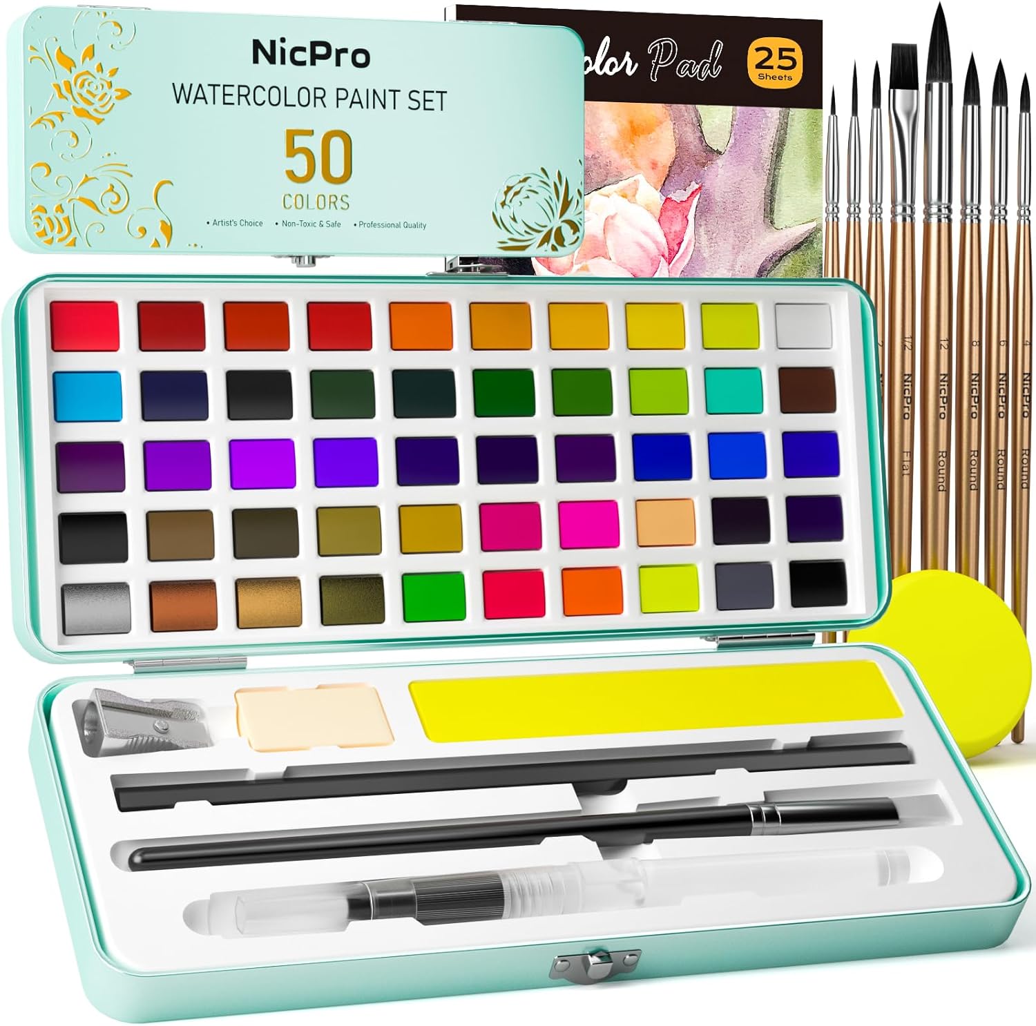 Nicpro 50 Colors Watercolour Paint Set, Include Metallic & Fluorescent Color, 8 Synthetic Squirrel Brushes, 25 Water Colour Paper & Palette, Art Supplies Kit for Adult Kid Beginner with Portable Box
