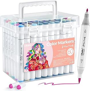 Ohuhu Markers Paper-friendly No Peeling Water-based Coloring Markers 60 Colors Dual Brush Fine Tips Markers for Adult Coloring Books No Bleeding Art Markers for Kids Adults Beginner Calligraphy