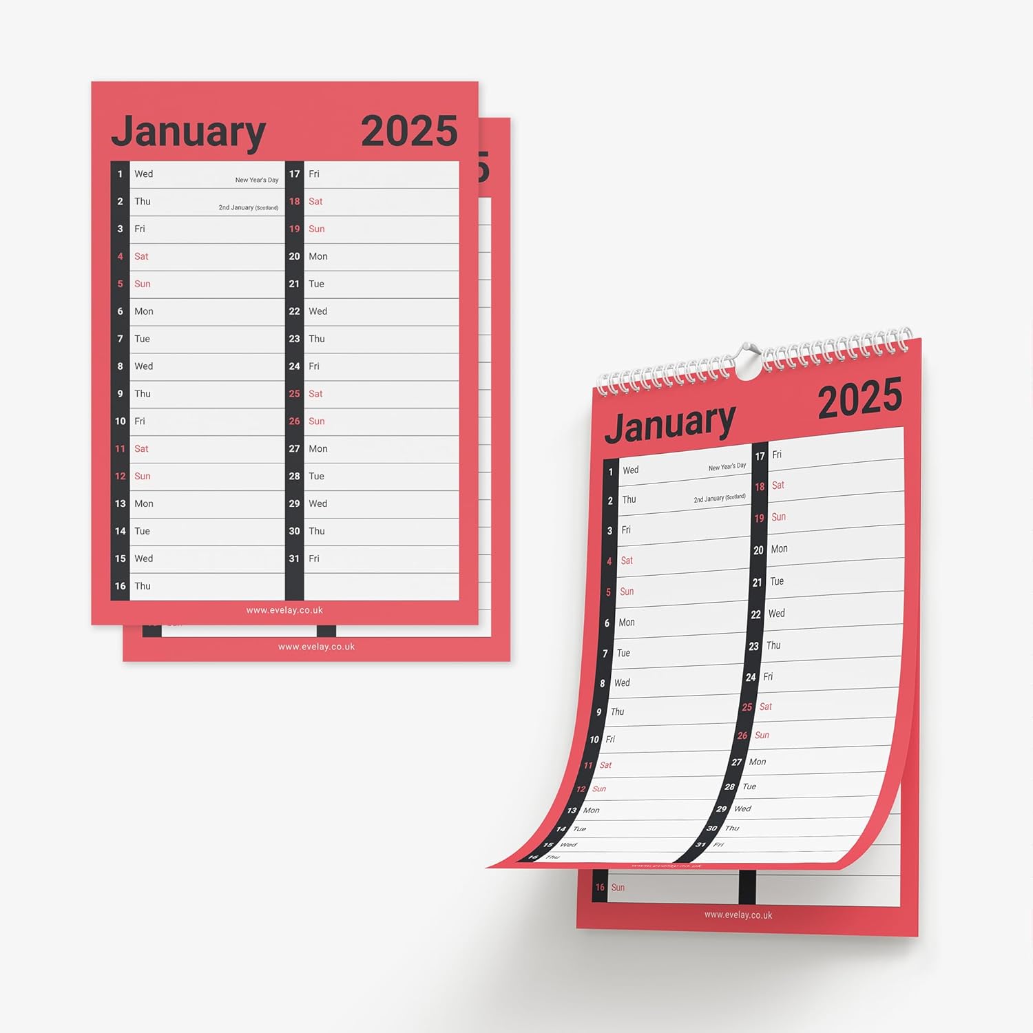 Evelay 2025 Calendar A4 Large 2 Column Month To View Spiral Bound Wall Planner Organiser for Home Business Office School