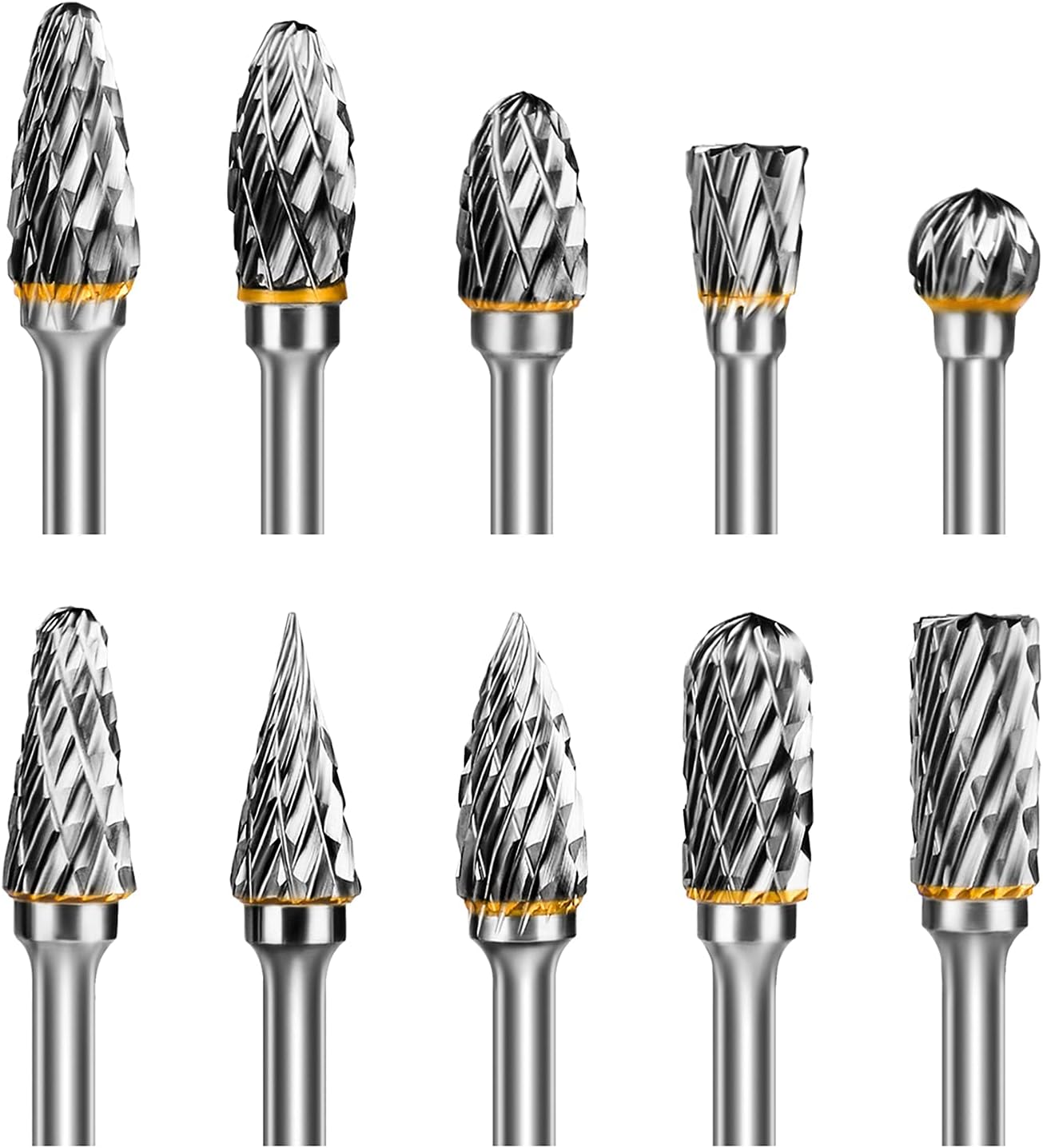 Hakkin 10Pcs Tungsten Carbide Steel Double Cut Rotary Burrs Set for Dremel Accessory 1/8" Shank Die Grinder Bits Rotary Tool Accessories for DIY Wood Carving, Metal Polishing, Engraving, Drilling