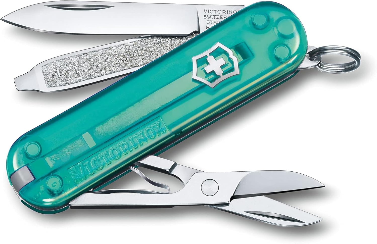 Victorinox Classic SD Mini Swiss Army Knife, Camping Pocket Knives, 7 Functions, Blade, Keyring, Mint Transparent