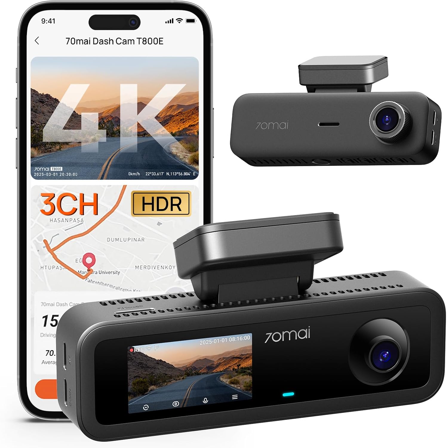 70mai T800E 4K 3 Channel Dash Cam, 4K+1080P+1080P Front and Rear Inside Triple Car Camera with Voice Control, HDR, IR Night Vision, Parking Mode, F1.55, GPS, Supercapacitor(Excluding microSD)