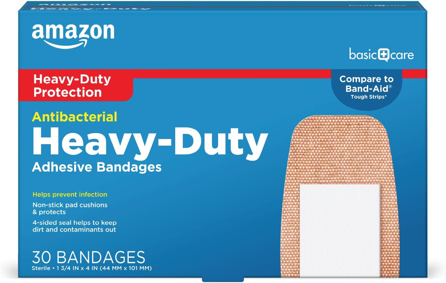 Amazon Basic Care Heavy Fabric Adhesive Bandages, Tough & Flexible Non-Stick Pad Cushion, 1.75 x 4 inches (30 Count)