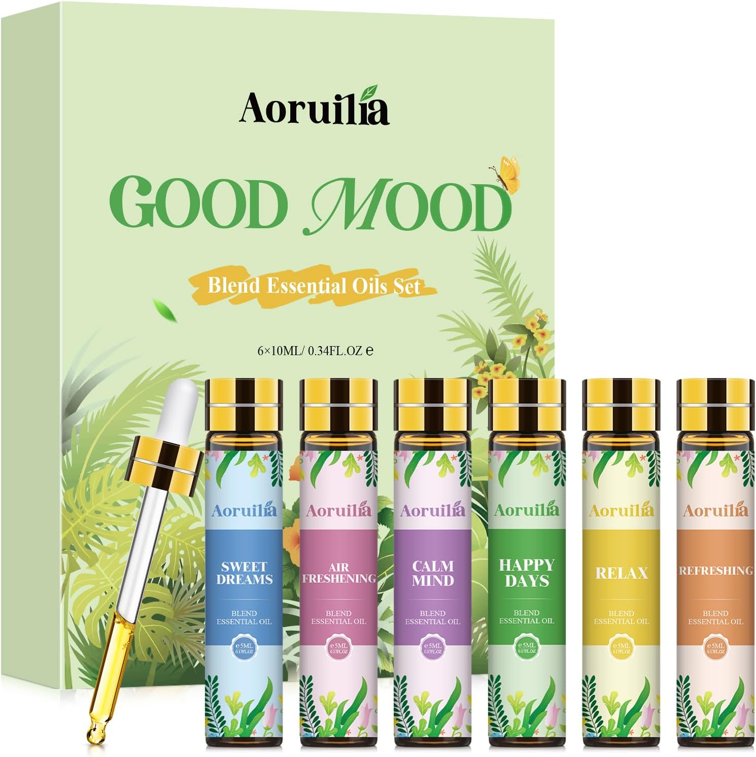 Aoruilia Essential Oil Blends Set 6 x 10ml, Well-Being Essential Oils for Diffusers for Home, Aromatherapy, Good Mood - Happy Days, Relax, Refreshing, Sweet Dreams, Air Freshening, Calm Mind