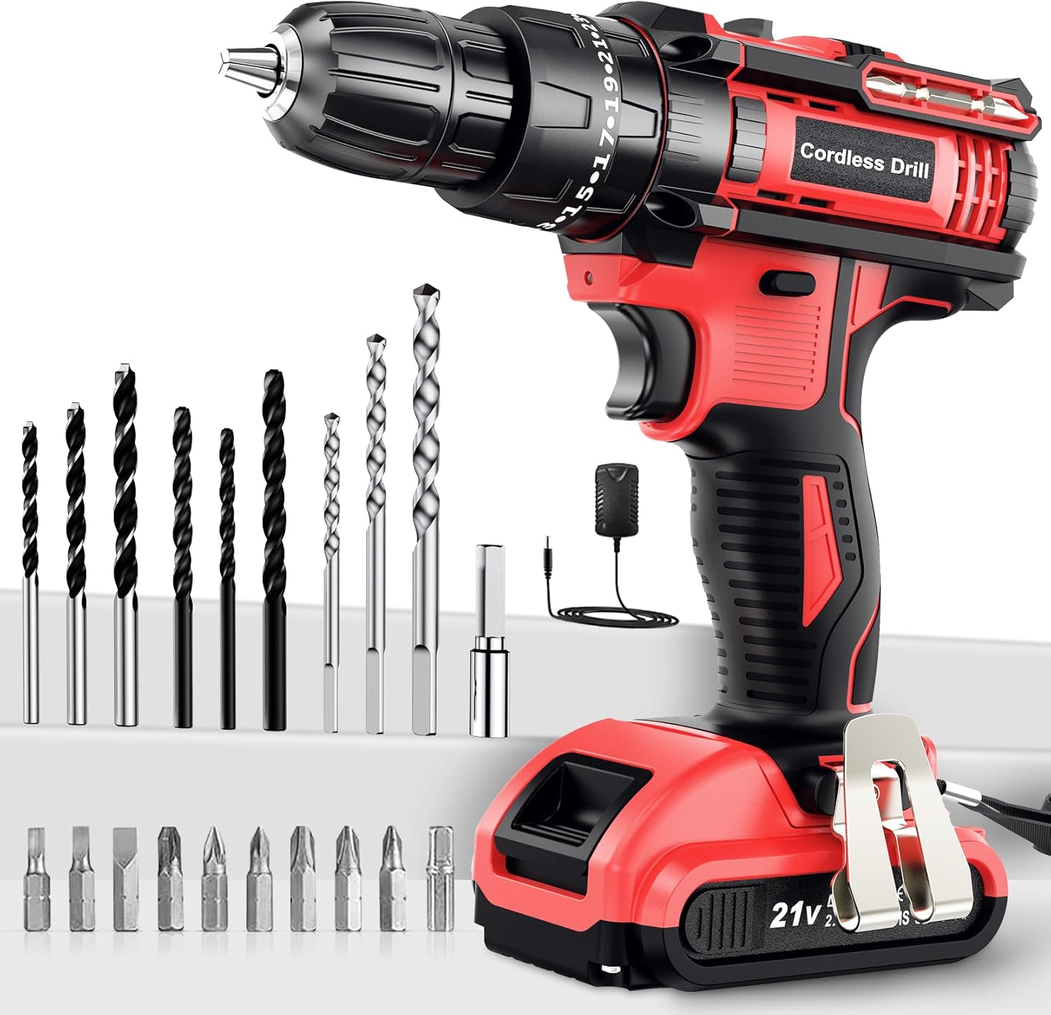 Cordless Drill Driver 21V, Cordless Hammer Drill with Battery 2000mAh, 25+3 Torque, 42N.m Max, 22PCS Accessories, 2 Speed, LED Light