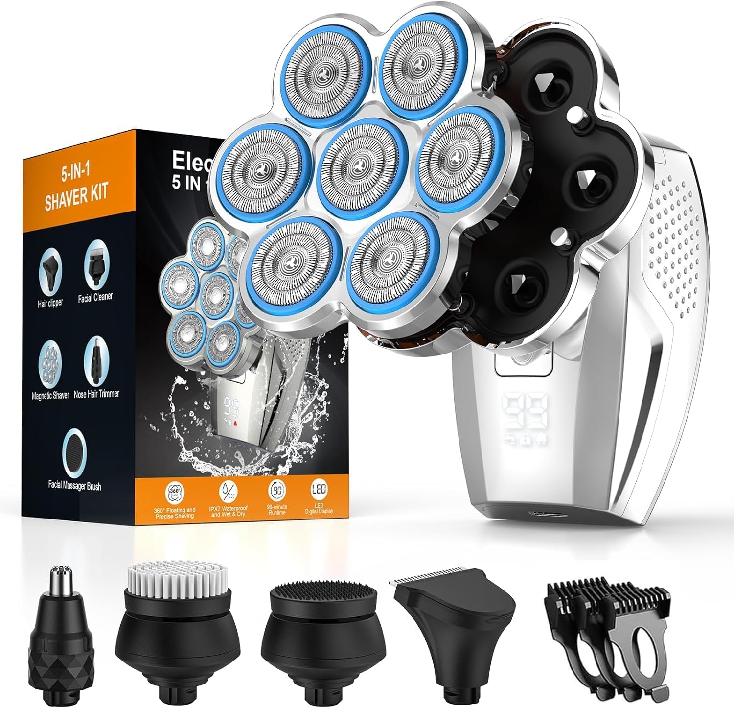 7D Head Shavers for Bald Men, Detachable Electric Razor with LED Display, IPX7 Waterproof Wet/Dry Mens Rotary Shaver, 5-in-1 Grooming Kit with Type-C Charging
