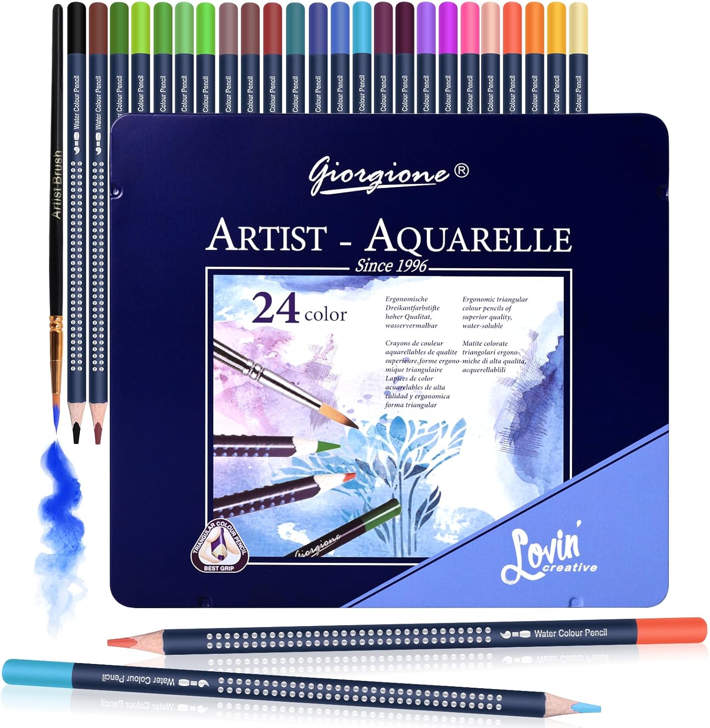 Watercolour Pencils, 24 Professional Colored Pencil Set in Tin Box for Adult Artist and Beginners Drawing Sketching Painting Coloring Book Art School Stationery Supplies