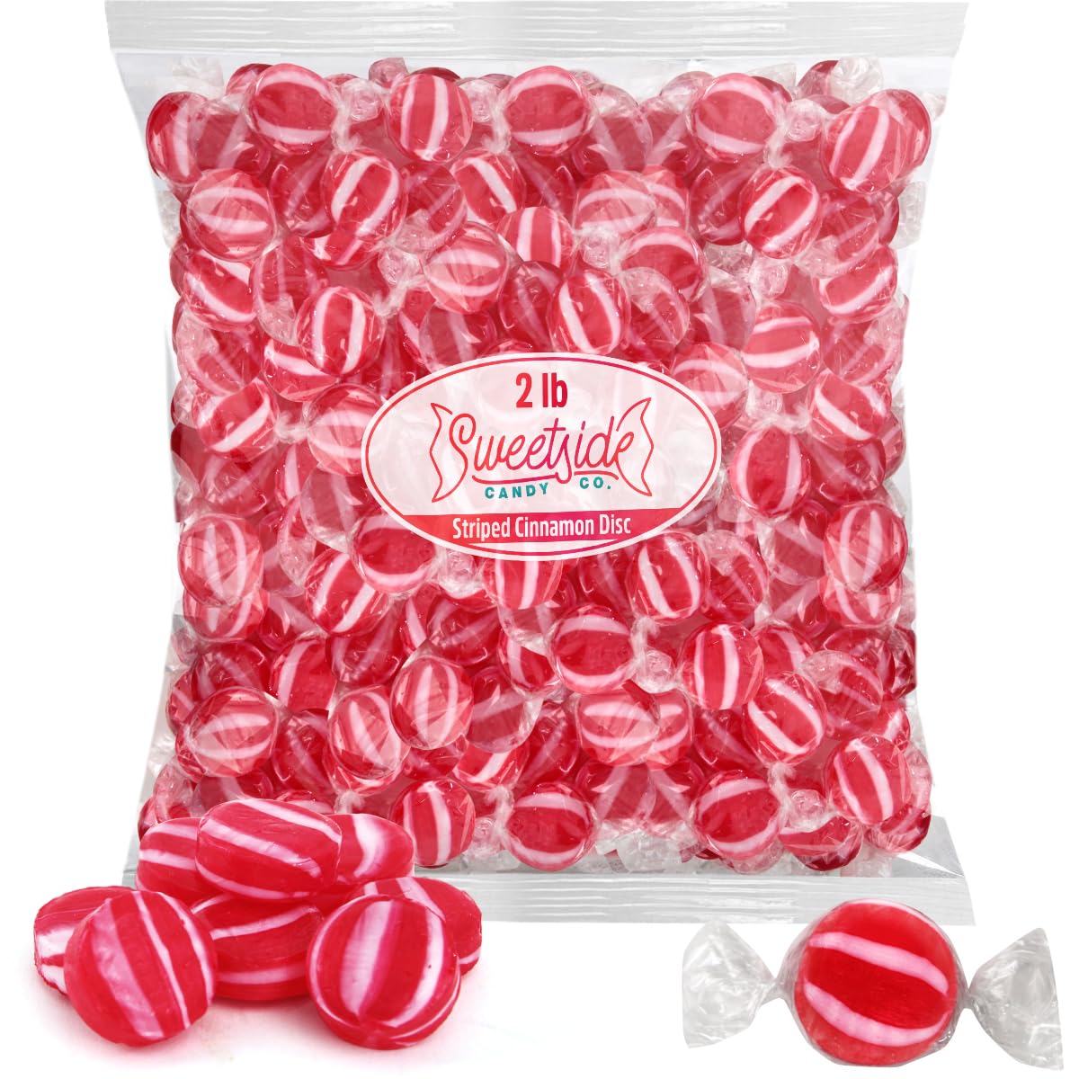 Striped Cinnamon Discs, 2 Pound Bag of Cinnamon Hard Candy Individually Wrapped, Premium Hard Cinnamon Candy with Bold Flavor, Perfect Cinnamon Candies for Satisfying Sweet Cravings