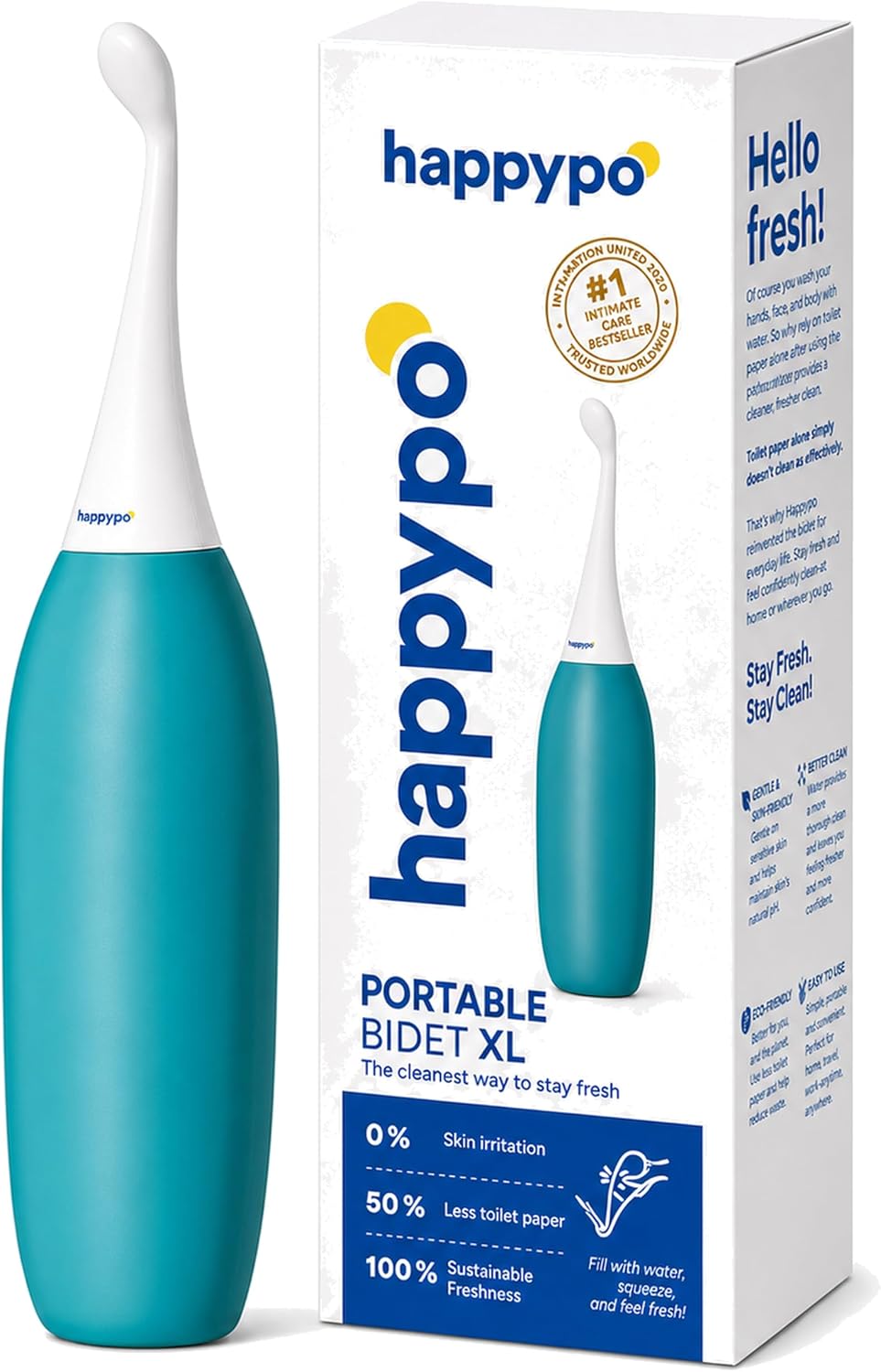 HappyPo The Original XL Butt Shower - Portable Bidet with 50% More Volume - The Easy-Bidet 2.0 Replaces Wet Wipes and Shower Toilet - Portable Bum Spray for Travel - Turquoise