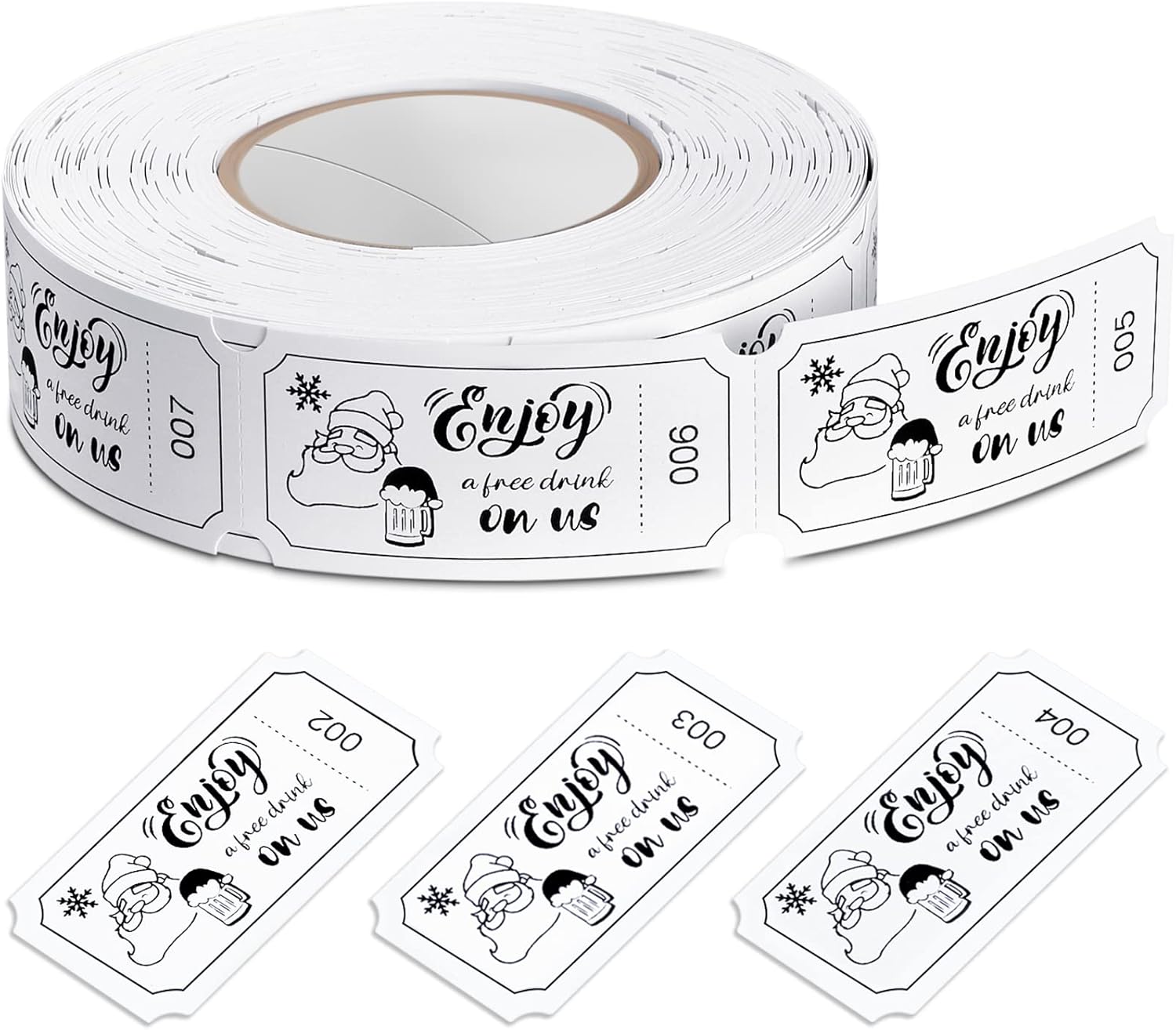 Zonon 500 Pieces Christmas Drinks Tokens Enjoy a Free Drink on Us Tickets Roll Paper Tokens White for Events Wedding Birthday Christmas Party Supplies Bar Beverage Voucher Bulk Pack