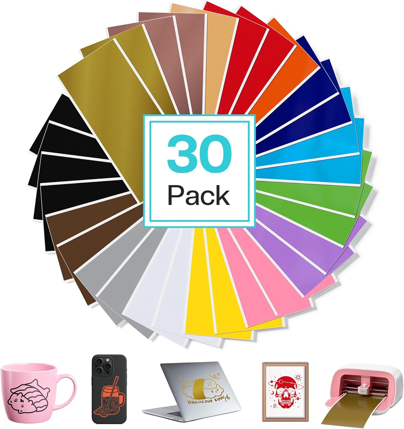 LIKCUT Smart Permanent Vinyl, 30 Sheets 5.5" x 12" Multi Color Vinyl, Cricut Joy, Matless Adhesive Vinyl for Home Decor And DIY Cards, Label Making and Party Crafting, Accessories