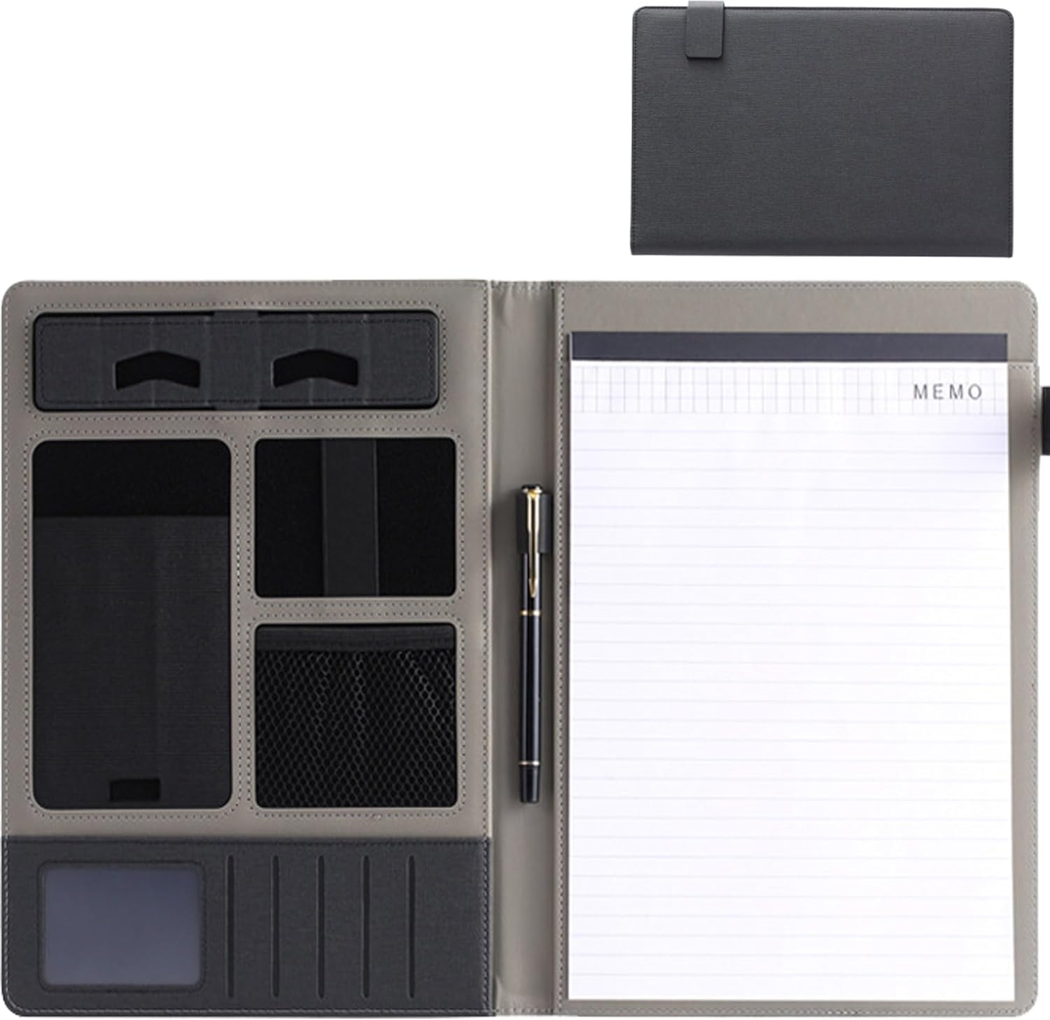 YUEMING Conference Folder, A4 Padfolio Portfolio Binder with Phone Stand, Pocket and Elastic Loops, Portfolio Travel Wallets, PU Leather Padfolio Portfolio Case Business Ring Binder (Black)