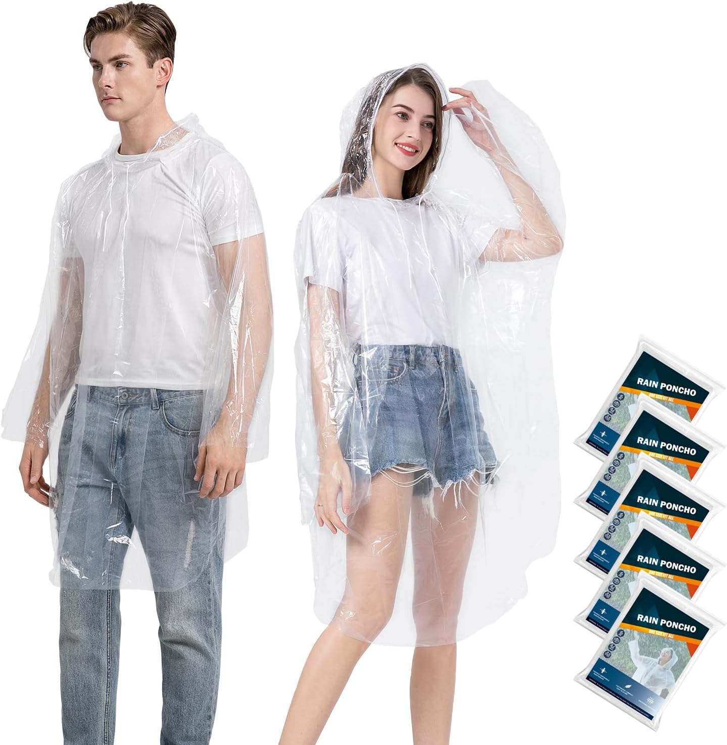 KASU 5 Pack Poncho Waterproof, Thick Disposable Rain Poncho for Adult - Pac a Mac with Drawstring Hood for Outdoor Recreation, Festivals, Camping, Hiking