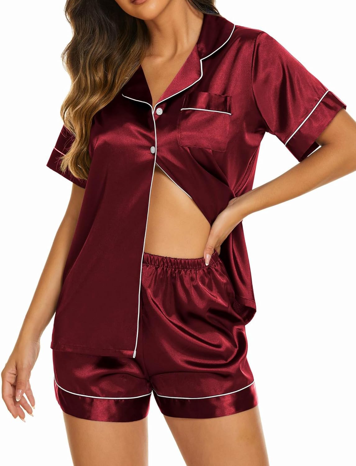 Ekouaer Silk Pajamas for Women Short Sleeve Sleepwear Soft Button Down Loungewear 2 Piece Satin Pjs Shorts Set S-XXL
