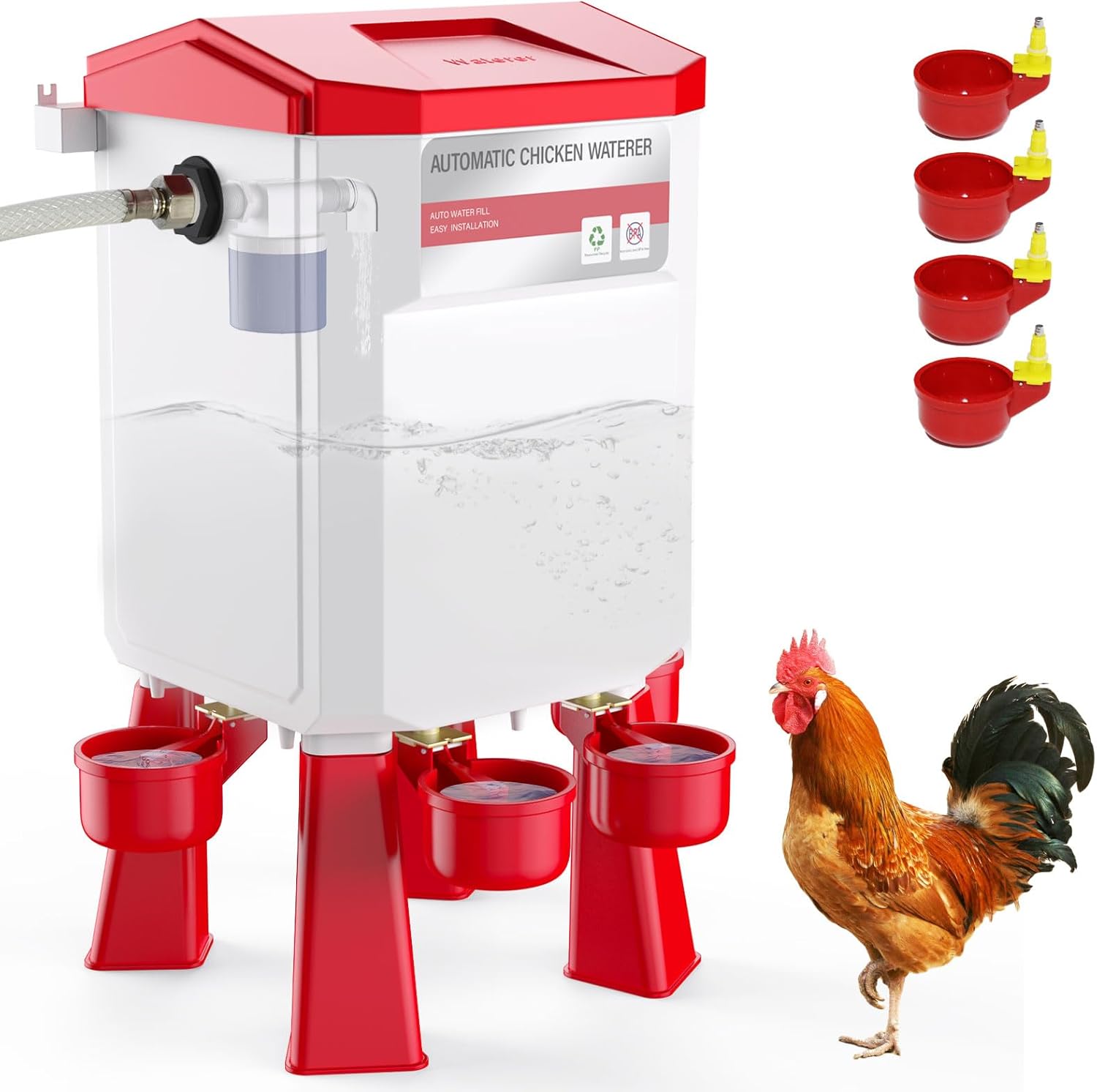 Chicken Waterer with 13 Ft Water Pipe, Automatic Chicken Waterer, Red Chicken Water Feeder, Float Controlled Automatic Watering System for Chicken, Geese, Duck, 2 Gallon, 4 Cups
